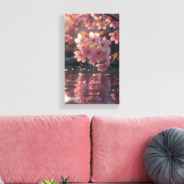 Pink Sakura Flowers Over Water | Serene Spring Nat Canvas Print (Insitu(LivingRoom))