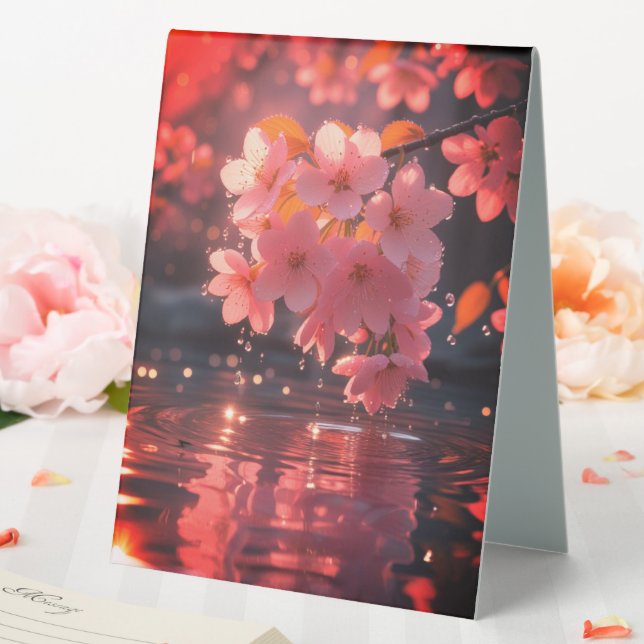 Pink Sakura Flowers Over Water | Serene Spring Nat Table Tent (In SItu (Wedding))