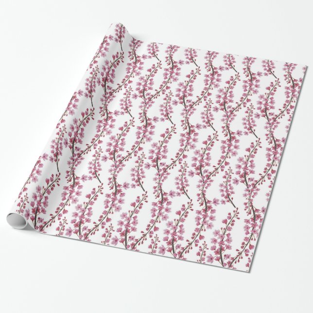 Pink sakura flowers seamless pattern wrapping paper (Unrolled)