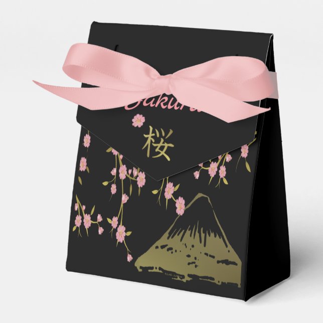 Pink Sakura Gold Black Japanese  Print Favor Box (Front Side)