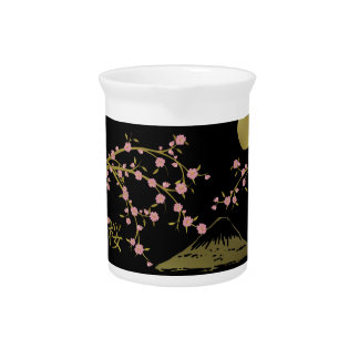 Pink Sakura Gold Black Japanese Screen Beverage Pitcher