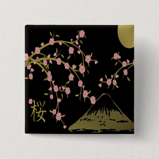Pink Sakura Gold Black Japanese Screen Button (Front)