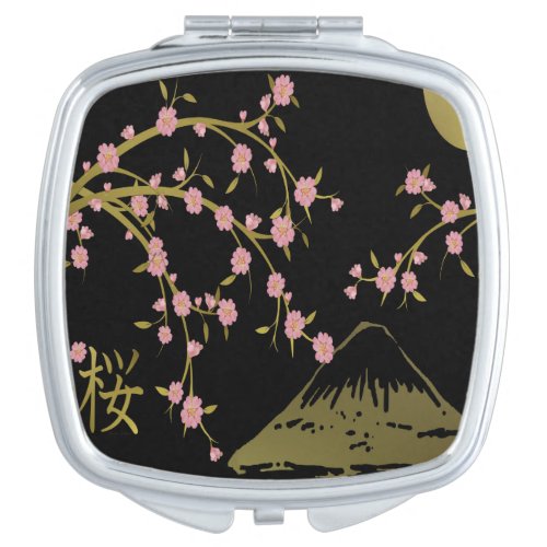 Pink Sakura Gold Black Japanese Screen Compact Mirror