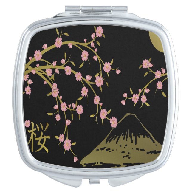 Pink Sakura Gold Black Japanese Screen Compact Mirror (Front)