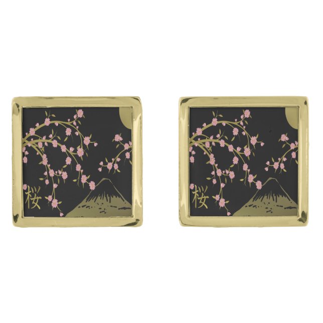 Pink Sakura Gold Black Japanese Screen Cufflinks (Front)