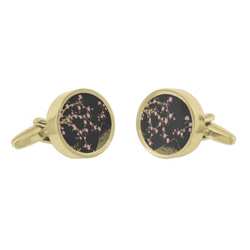 Pink Sakura Gold Black Japanese Screen Cufflinks