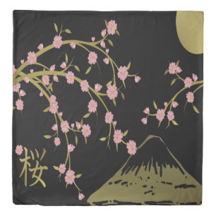 Pink Sakura Gold Black Japanese Screen Duvet Cover