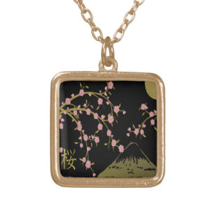 Pink Sakura Gold Black Japanese Screen Gold Plated Necklace