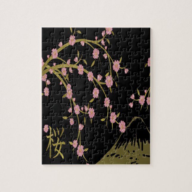 Pink Sakura Gold Black Japanese Screen Jigsaw Puzzle (Vertical)