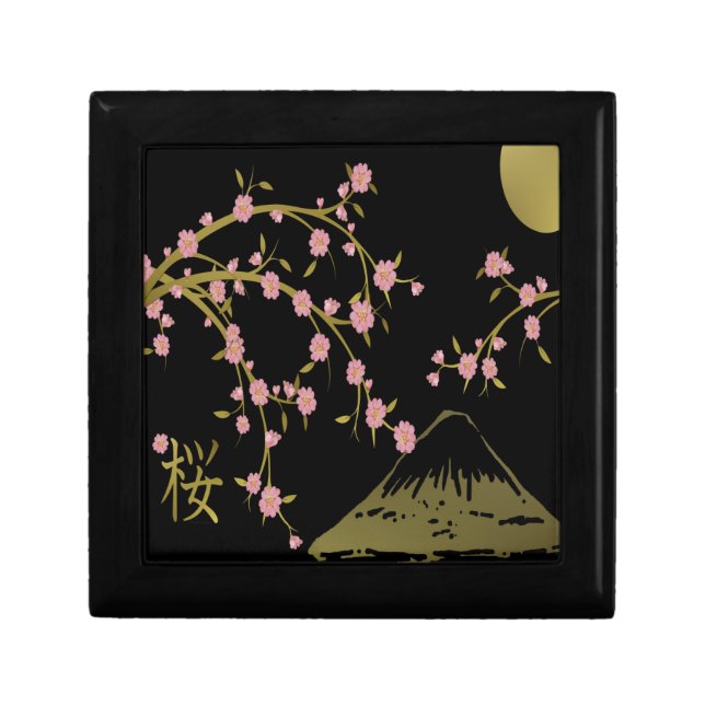 Pink Sakura Gold Black Japanese Screen Keepsake Box (Front)