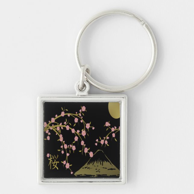 Pink Sakura Gold Black Japanese Screen Keychain (Front)