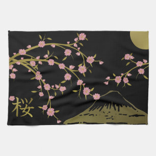 Pink Sakura Gold Black Japanese Screen Kitchen Towel
