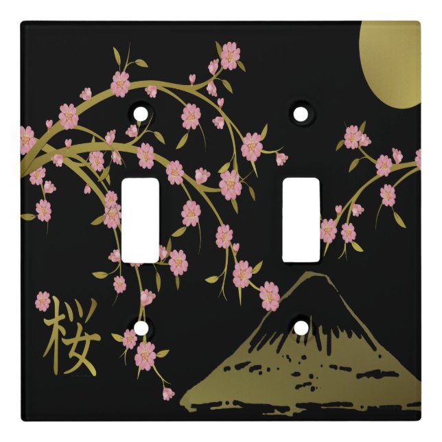 Pink Sakura Gold Black Japanese Screen Light Switch Cover (Front)