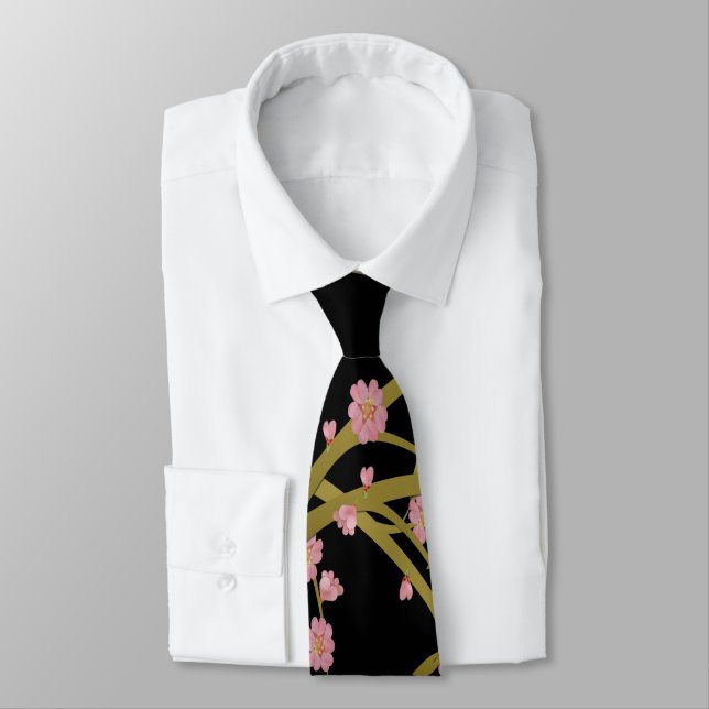 Pink Sakura Gold Black Japanese Screen Neck Tie (Tied)