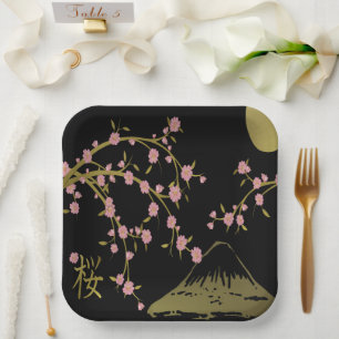 Pink Sakura Gold Black Japanese Screen Paper Plates