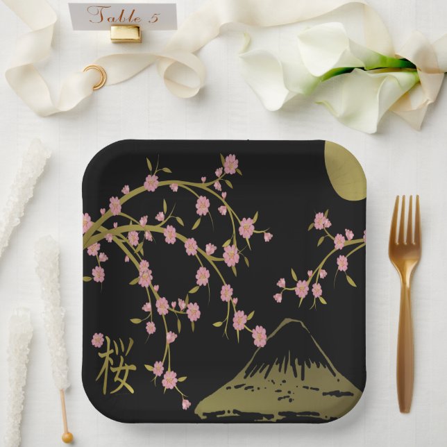 Pink Sakura Gold Black Japanese Screen Paper Plates (Wedding)