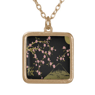 Pink Sakura Gold Black Japanese Screen Plated Necklace