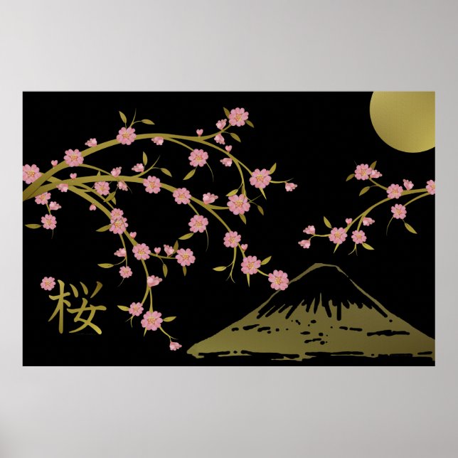 Pink Sakura Gold Black Japanese Screen Poster (Front)