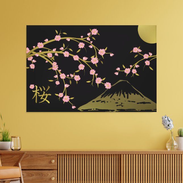 Pink Sakura Gold Black Japanese Screen Poster Canvas Print (Insitu(LivingRoom))