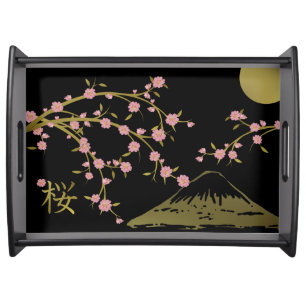 Pink Sakura Gold Black Japanese Screen Poster Serving Tray