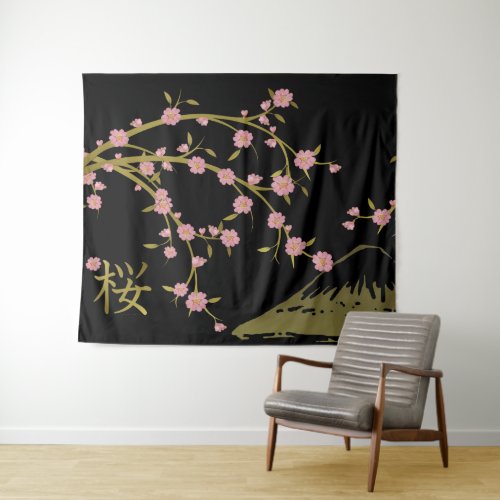 Pink Sakura Gold Black Japanese Screen Poster Tapestry
