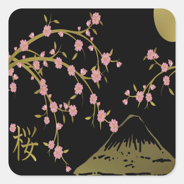 Pink Sakura Gold Black Japanese Screen Square Sticker (Front)