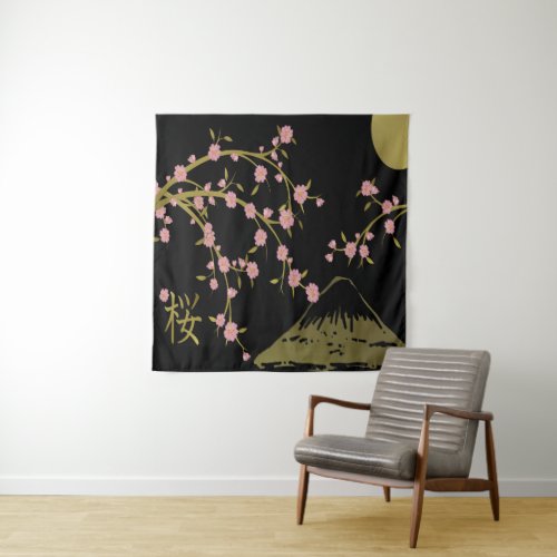 Pink Sakura Gold Black Japanese Screen Tapestry