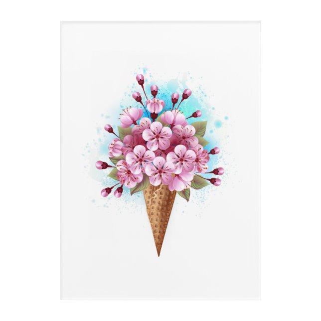 Pink Sakura Ice Cream Waffle Cone Acrylic Print (Front)