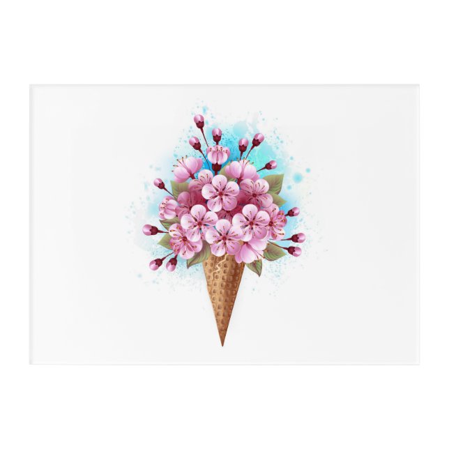 Pink Sakura Ice Cream Waffle Cone Acrylic Print (Front)