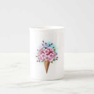 Pink Sakura Ice Cream Waffle Cone Bone China Mug