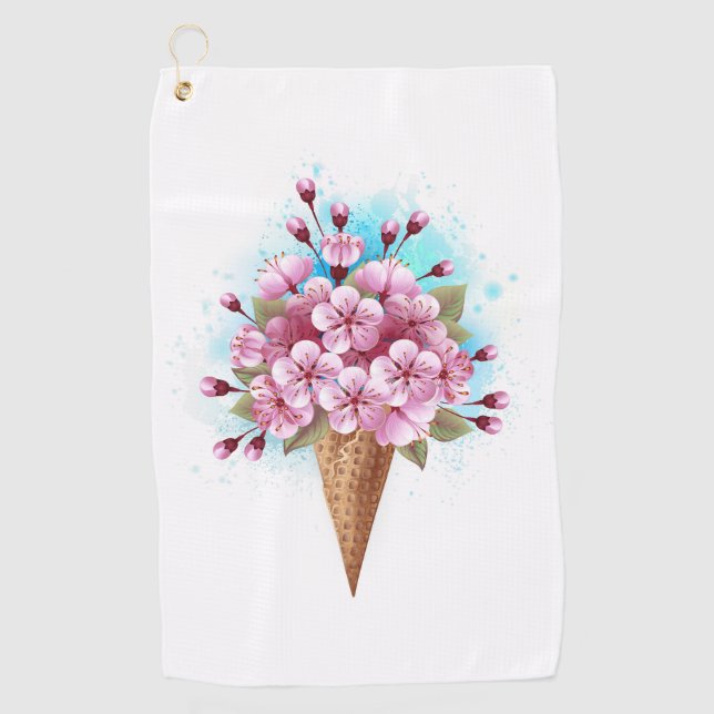 Pink Sakura Ice Cream Waffle Cone Golf Towel (Front)