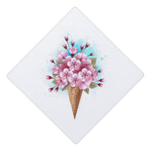 Pink Sakura Ice Cream Waffle Cone Graduation Cap Topper