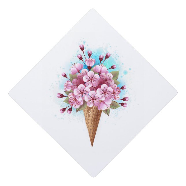 Pink Sakura Ice Cream Waffle Cone Graduation Cap Topper (Front)