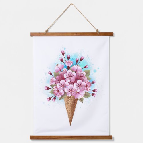 Pink Sakura Ice Cream Waffle Cone Hanging Tapestry