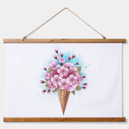 Pink Sakura Ice Cream Waffle Cone Hanging Tapestry