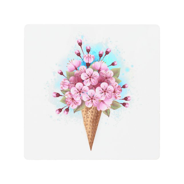 Pink Sakura Ice Cream Waffle Cone Metal Print (Front)