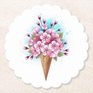 Pink Sakura Ice Cream Waffle Cone Paper Coaster