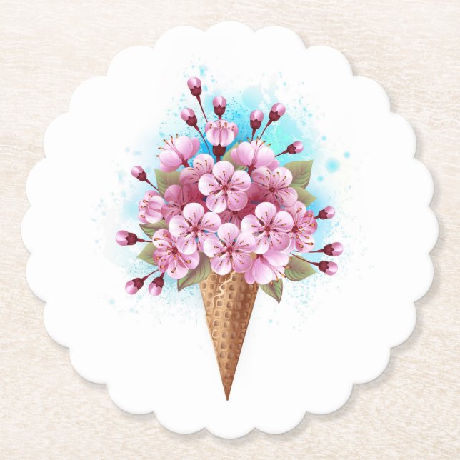 Pink Sakura Ice Cream Waffle Cone Paper Coaster (Front)