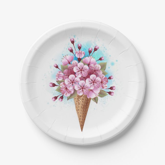 Pink Sakura Ice Cream Waffle Cone Paper Plates (Front)