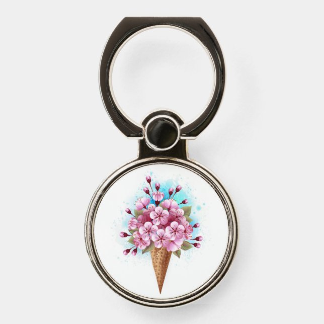 Pink Sakura Ice Cream Waffle Cone Phone Ring Stand (Front)