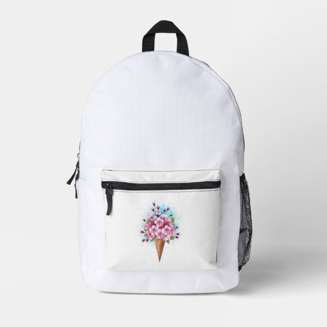 Pink Sakura Ice Cream Waffle Cone Printed Backpack (Front)