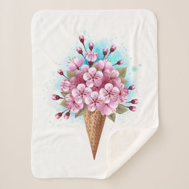Pink Sakura Ice Cream Waffle Cone Sherpa Blanket (Front)