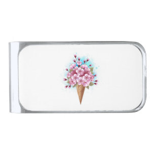 Pink Sakura Ice Cream Waffle Cone Silver Finish Money Clip