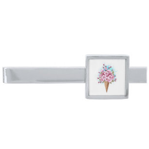 Pink Sakura Ice Cream Waffle Cone Silver Finish Tie Bar