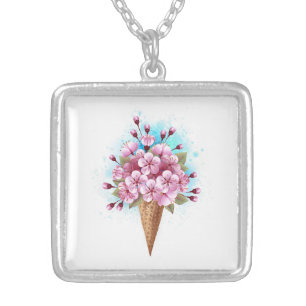 Pink Sakura Ice Cream Waffle Cone Silver Plated Necklace