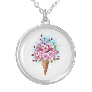Pink Sakura Ice Cream Waffle Cone Silver Plated Necklace
