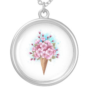 Pink Sakura Ice Cream Waffle Cone Silver Plated Necklace