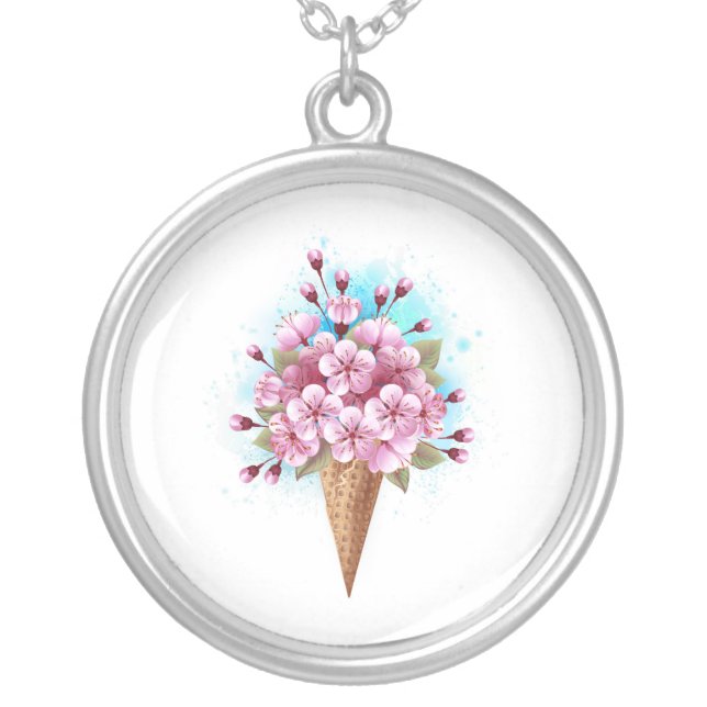 Pink Sakura Ice Cream Waffle Cone Silver Plated Necklace (Front)