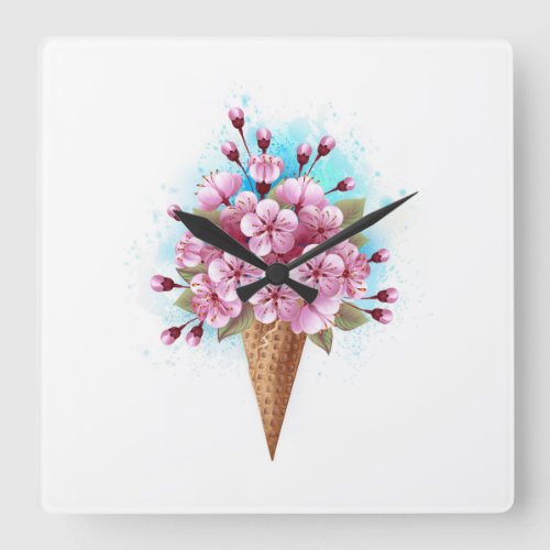 Pink Sakura Ice Cream Waffle Cone Square Wall Clock