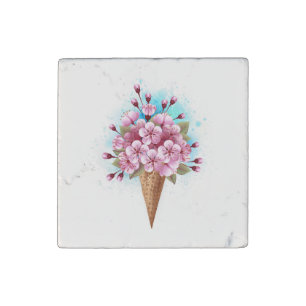 Pink Sakura Ice Cream Waffle Cone Stone Magnet